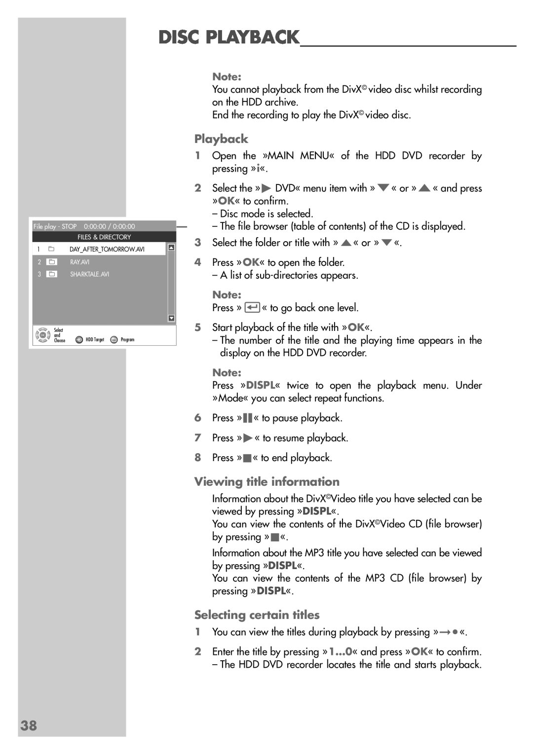 Grundig 5550 HDD manual Viewing title information, Selecting certain titles, Disc Playback, Dayaftertomorrow.Avi 