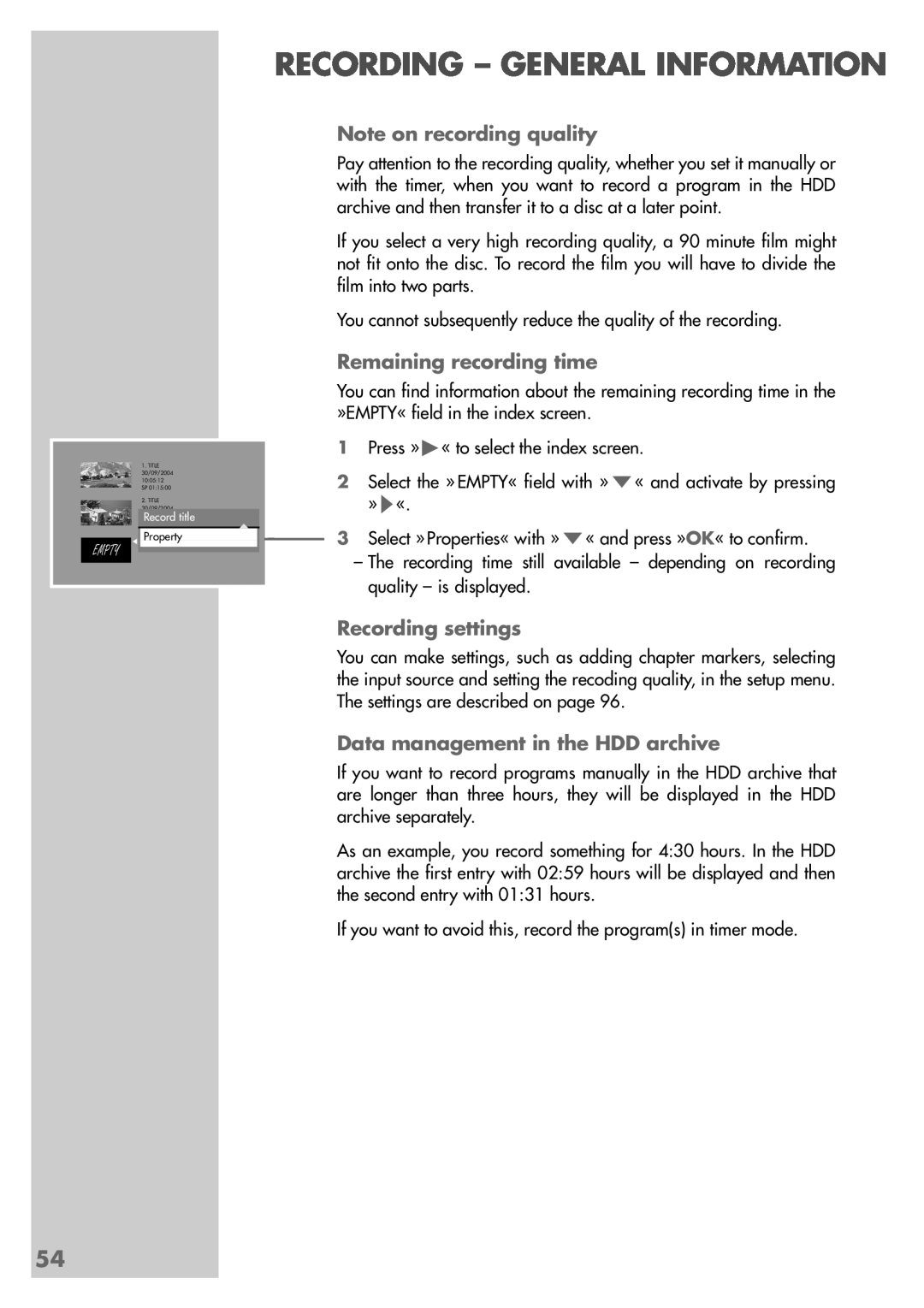 Grundig 5550 HDD Note on recording quality, Remaining recording time, Recording settings, Recording - General Information 