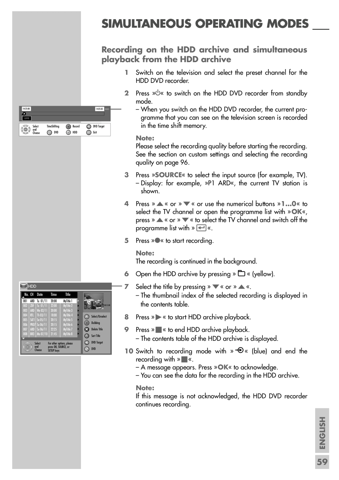 Grundig 5550 HDD manual Simultaneous Operating Modes, English, 142505 ‹‹‹‹ 