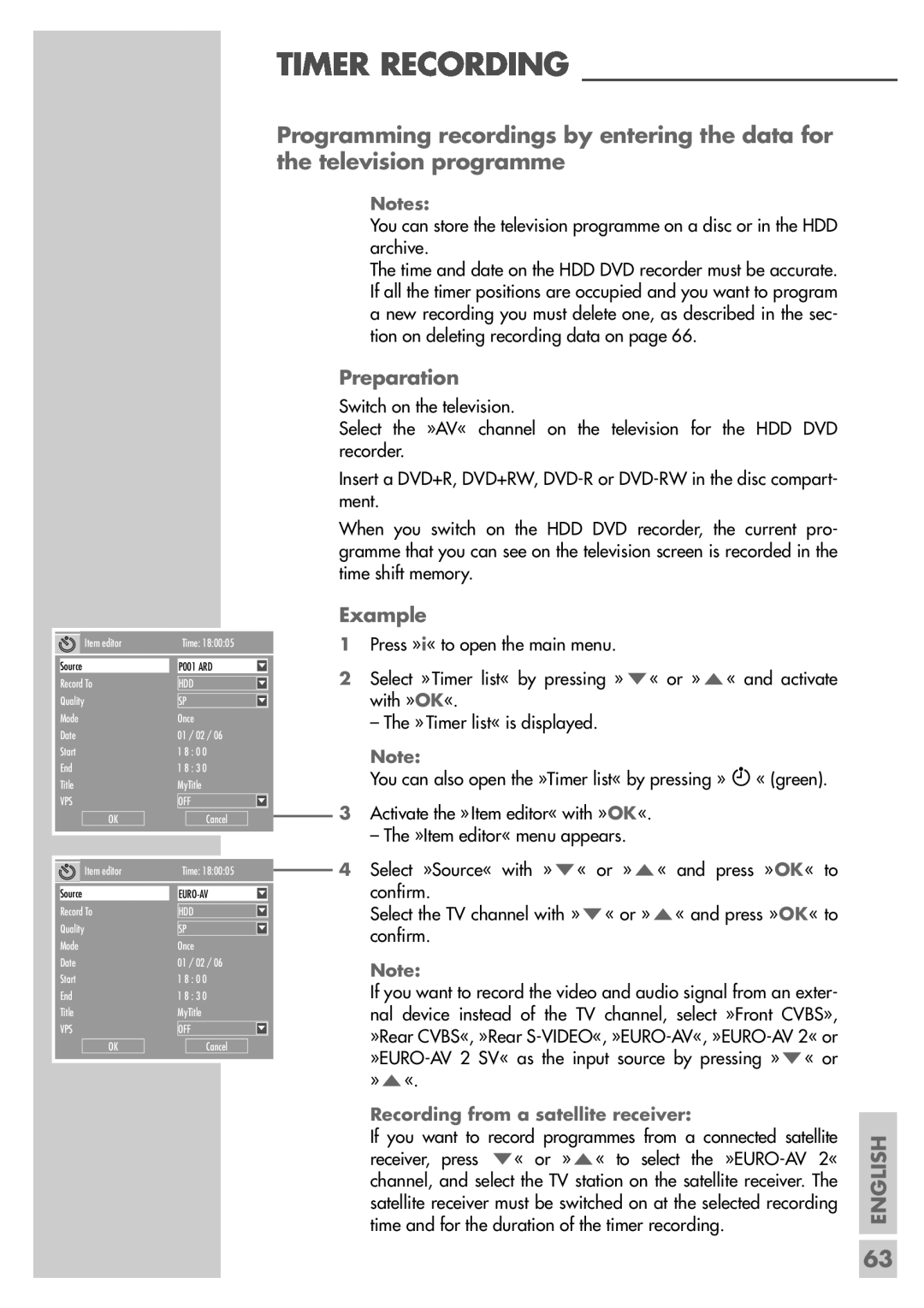 Grundig 5550 HDD manual Timer Recording, Preparation, Example, English 