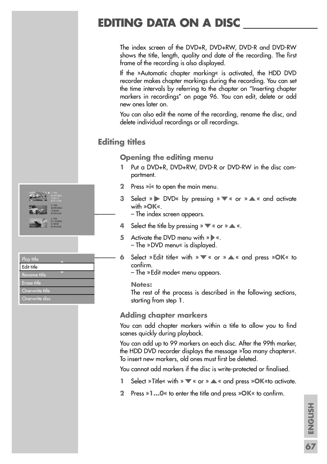 Grundig 5550 HDD manual Editing Data On A Disc, Editing titles, Opening the editing menu, Adding chapter markers, English 