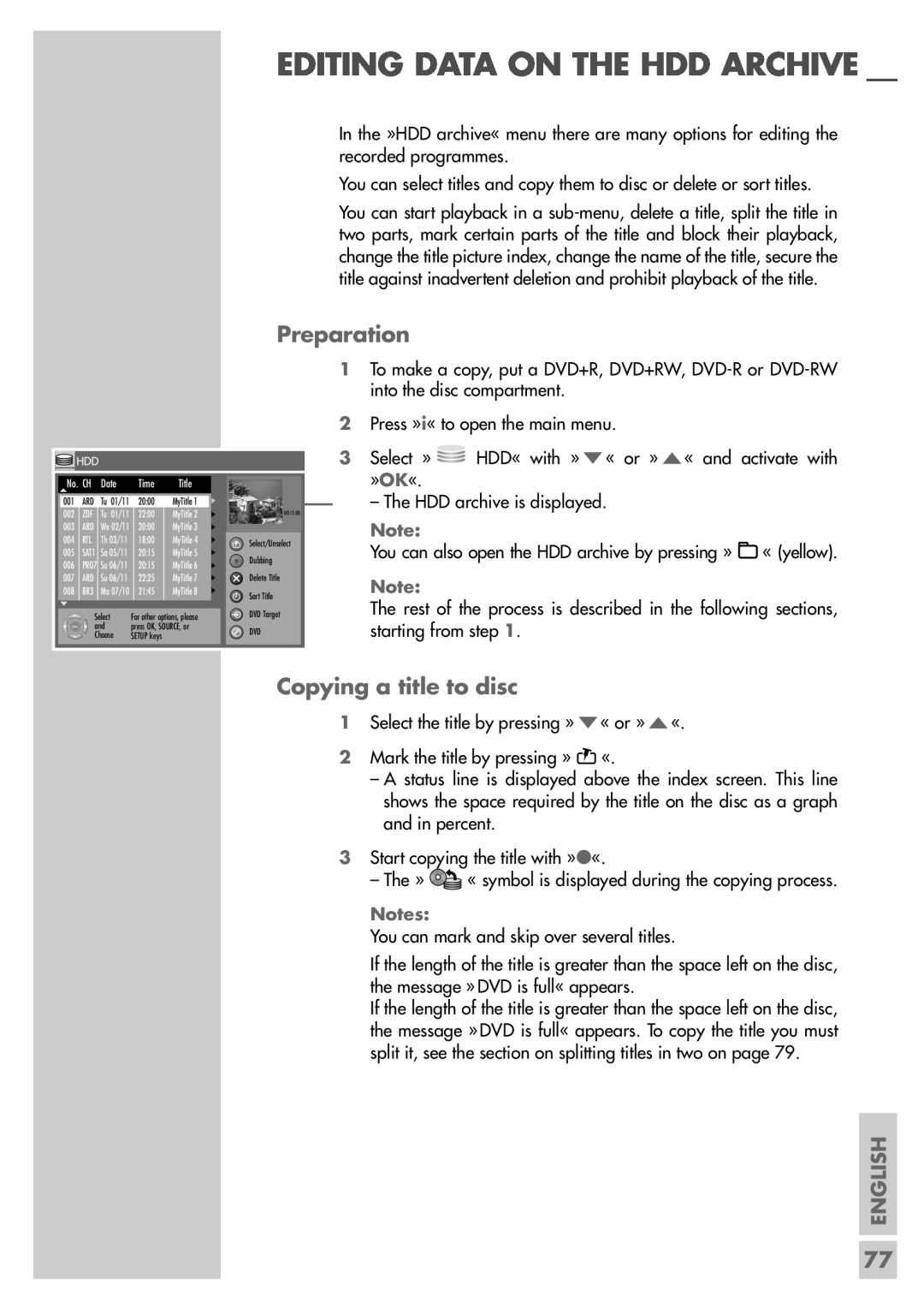 Grundig 5550 HDD manual Editing Data On The Hdd Archive, Copying a title to disc, Preparation, English 