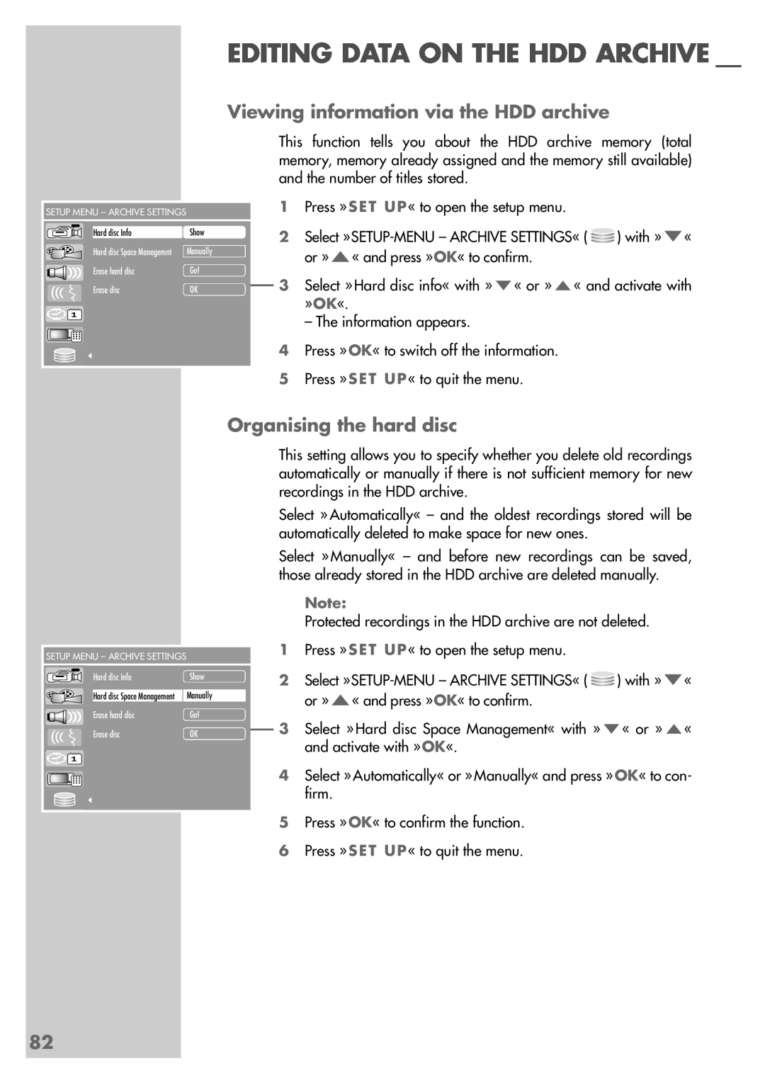Grundig 5550 HDD manual Viewing information via the HDD archive, Organising the hard disc, Editing Data On The Hdd Archive 