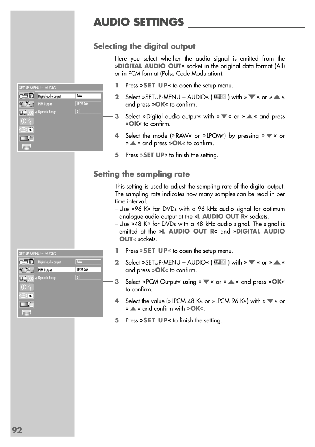 Grundig 5550 HDD manual Audio Settings, Selecting the digital output, Setting the sampling rate 