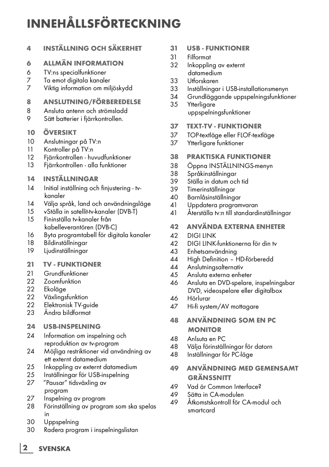 Grundig 6220 BM Allmän information, Anslutning/förberedelse, 10 Översikt, Inställningar, Tv Funktioner, Text-tv Funktioner 