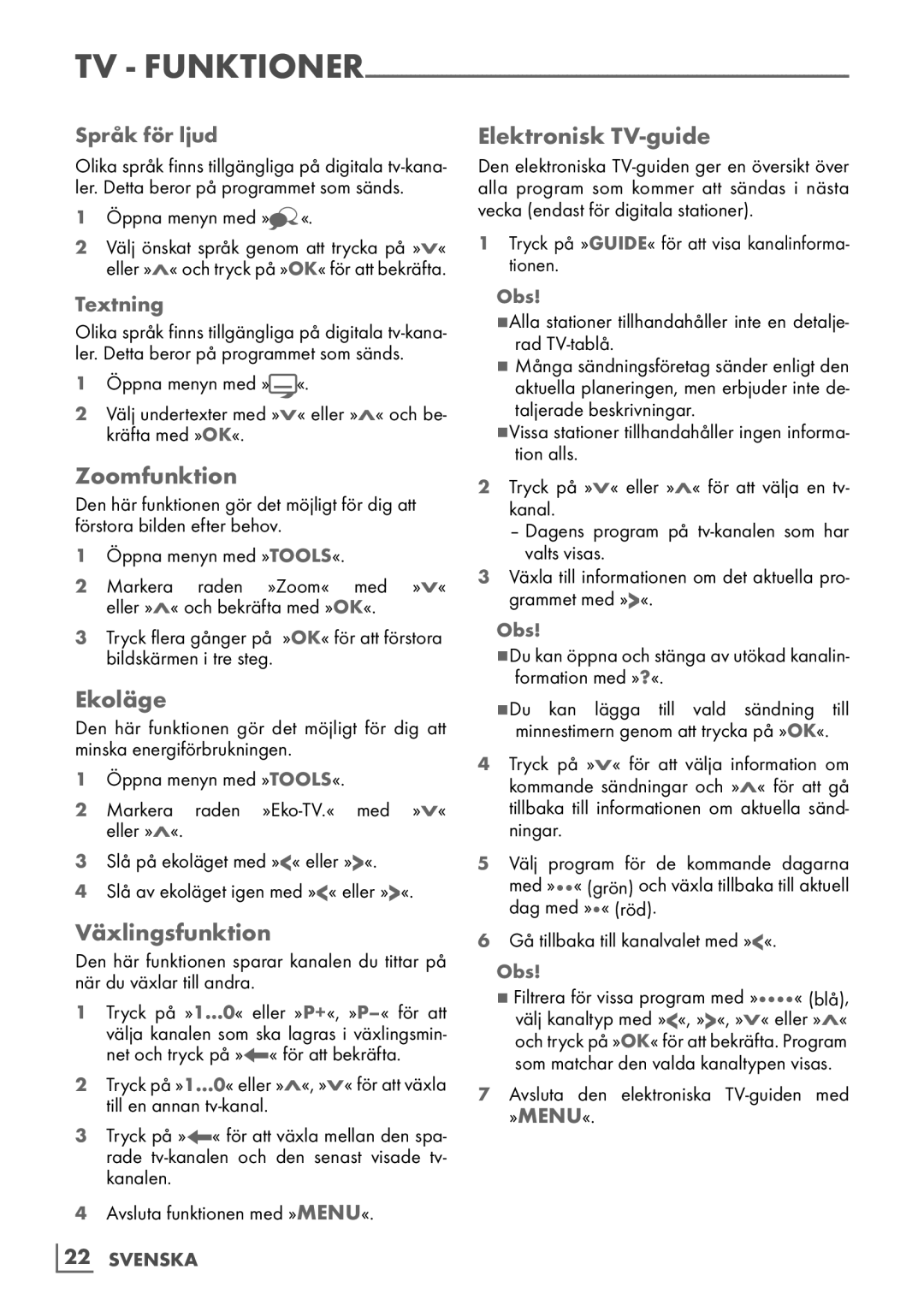 Grundig 6220 BM manual Zoomfunktion, Ekoläge, Växlingsfunktion, Elektronisk TV-guide 