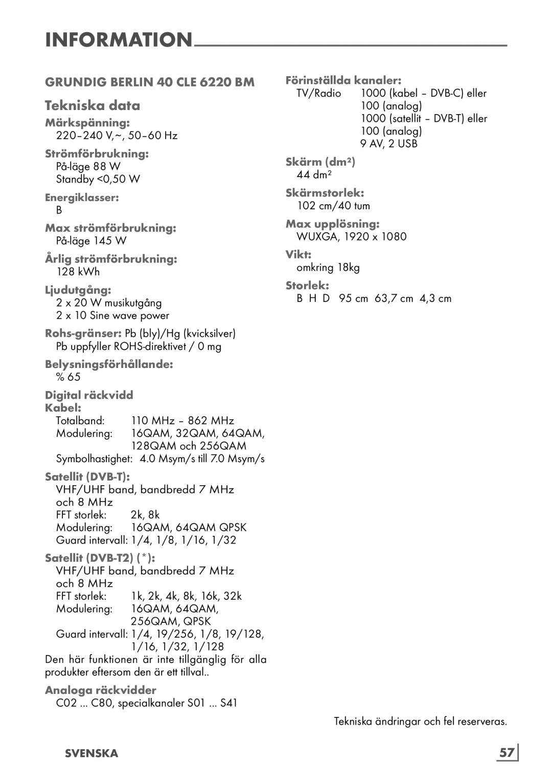 Grundig 6220 BM manual Tekniska data 