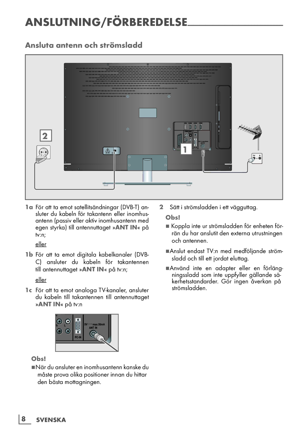 Grundig 6220 BM manual Ansluta antenn och strömsladd, Anslutning/förberedelse, Eller, Sätt i strömsladden i ett vägguttag 