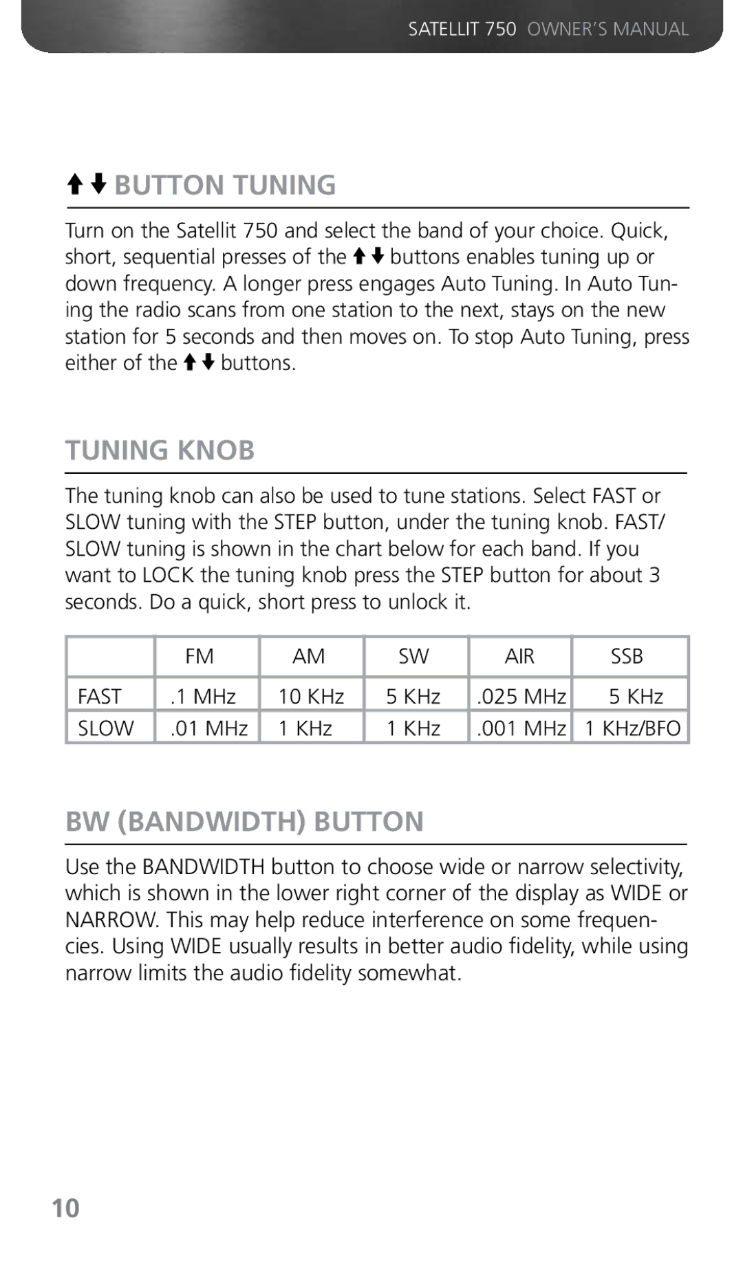 Grundig 750 owner manual Button Tuning, Tuning Knob, BW Bandwidth Button 