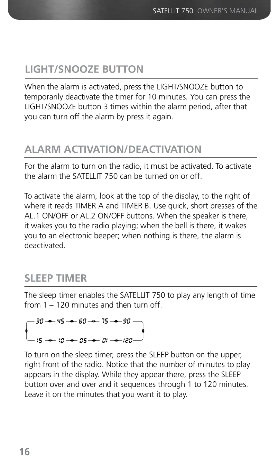 Grundig 750 owner manual LIGHT/SNOOZE Button, Alarm ACTIVATION/DEACTIVATION, Sleep Timer 