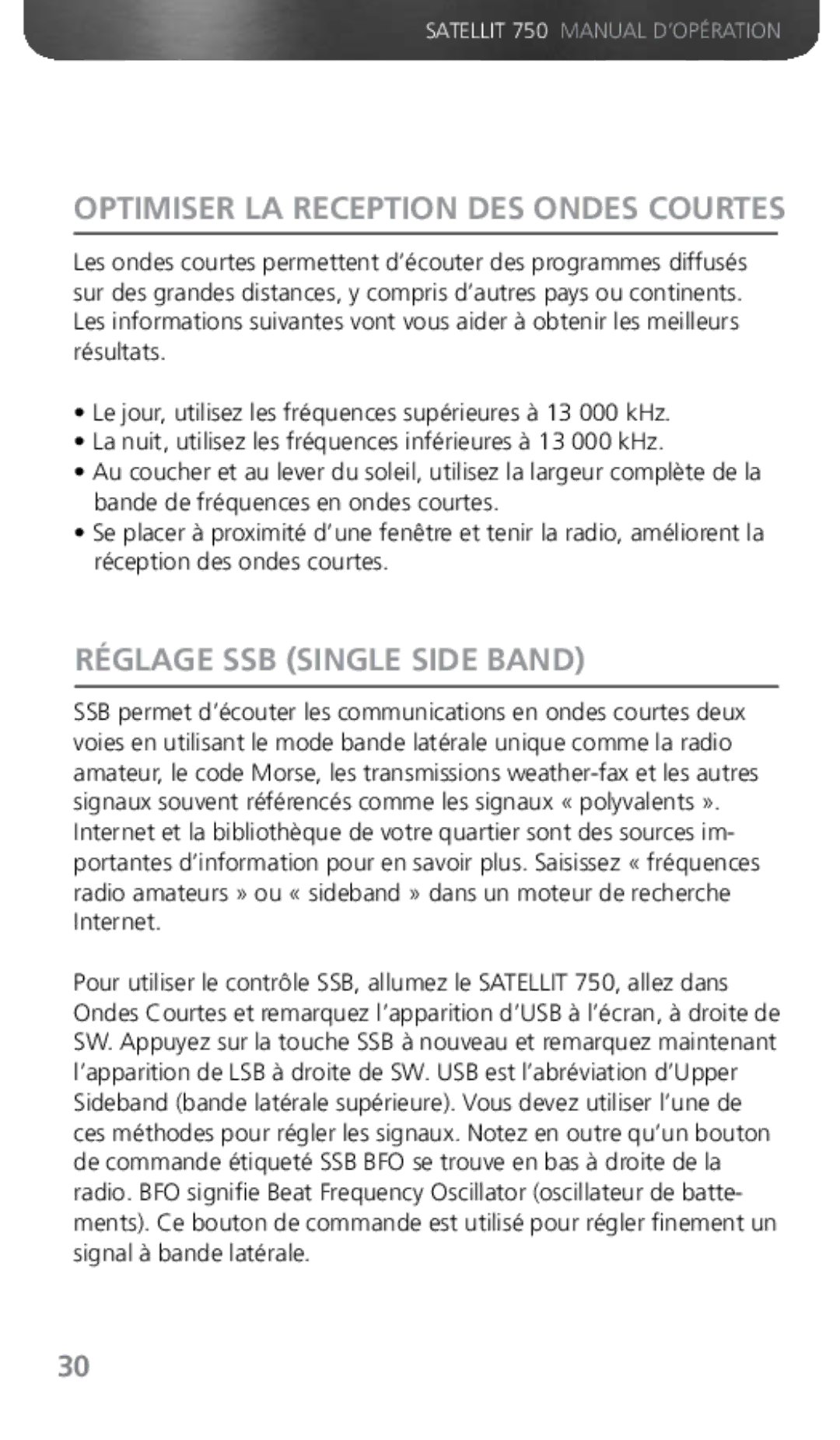 Grundig 750 owner manual Réglage SSB Single Side Band, Optimiser LA Reception DES Ondes Courtes 