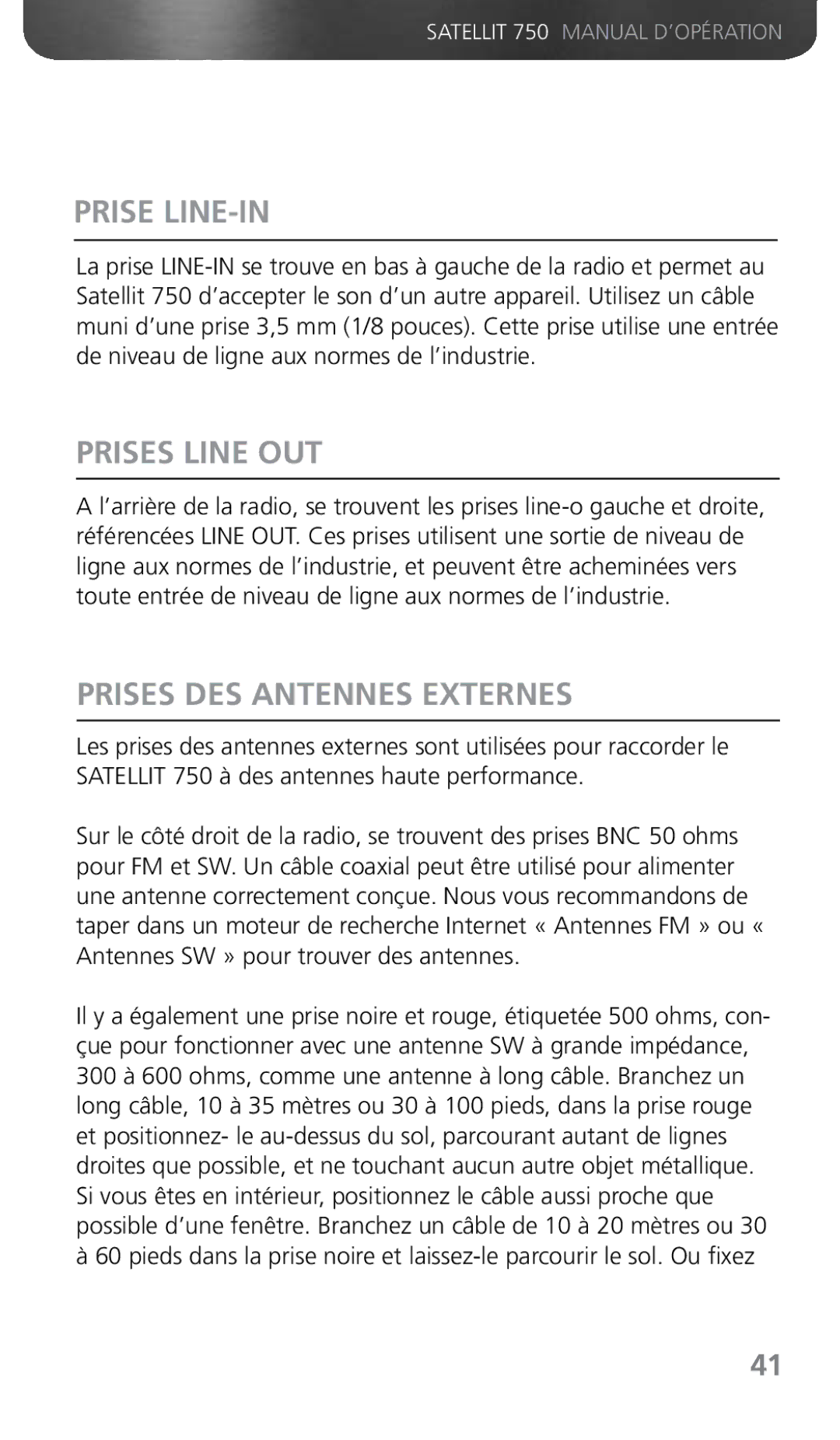 Grundig 750 owner manual Prise LINE-IN, Prises Line OUT, Prises DES Antennes Externes 