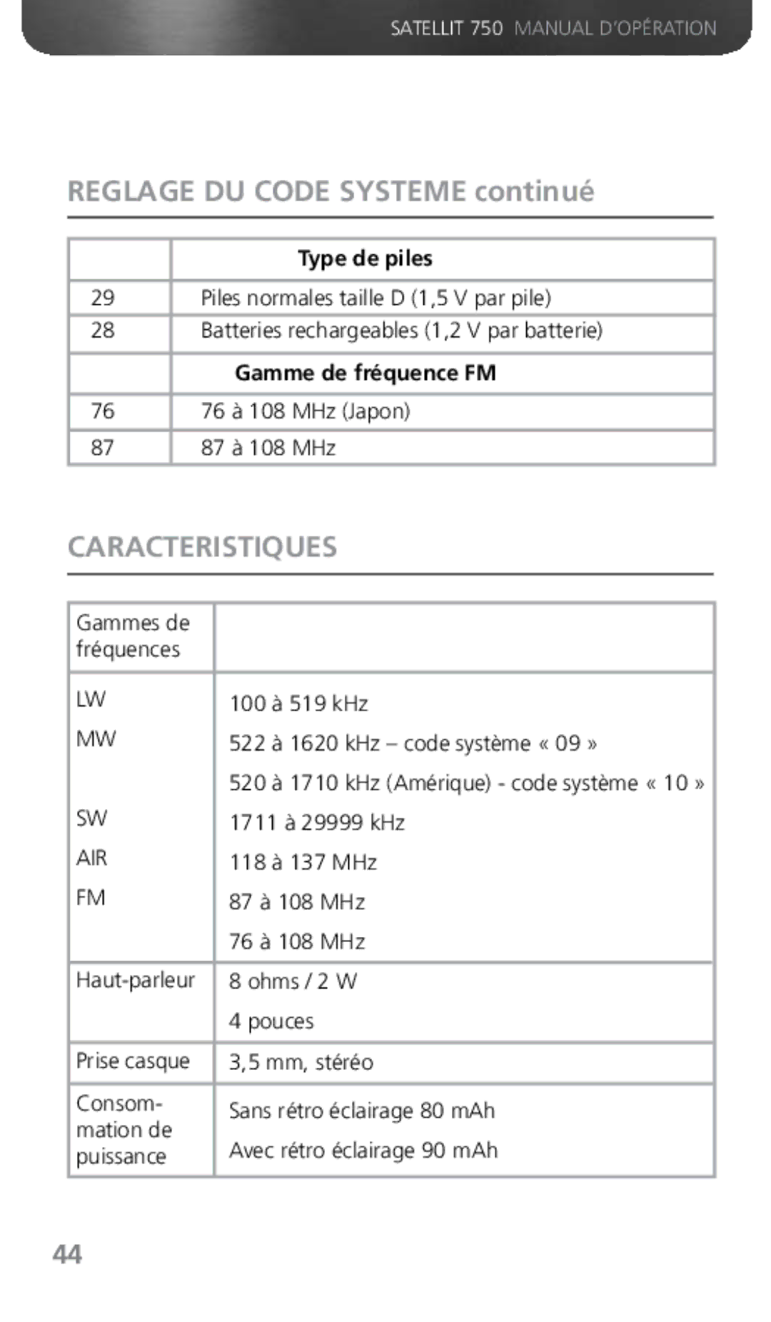 Grundig 750 owner manual Reglage DU Code Systeme continué, Caracteristiques 