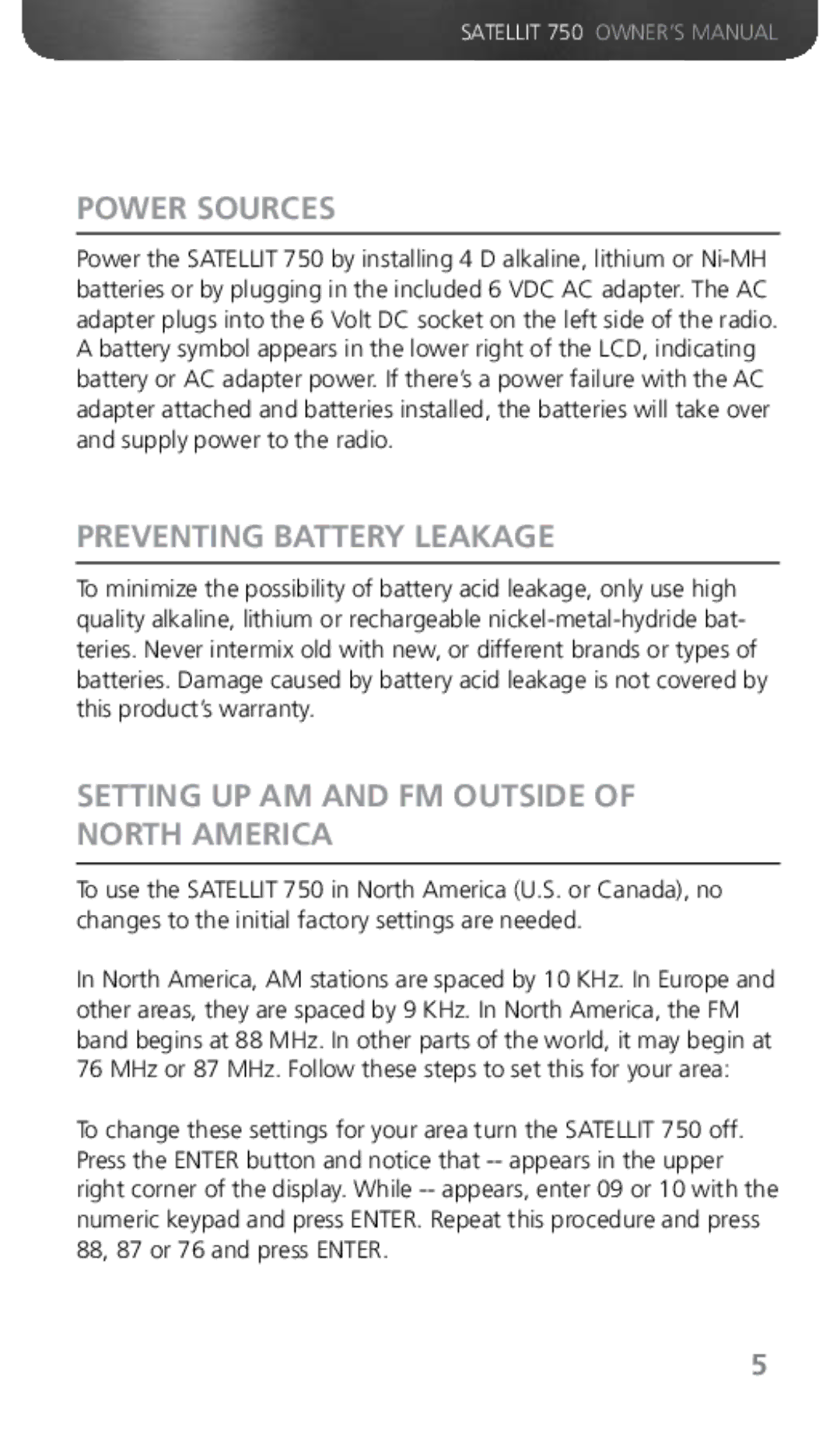 Grundig 750 owner manual Power Sources, Preventing Battery Leakage, Setting UP AM and FM Outside of North America 