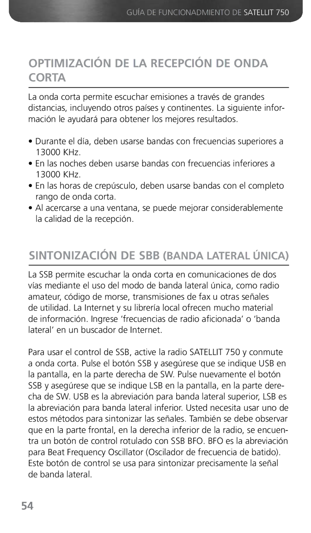 Grundig 750 owner manual Optimización DE LA Recepción DE Onda Corta, Sintonización DE SBB Banda Lateral Única 