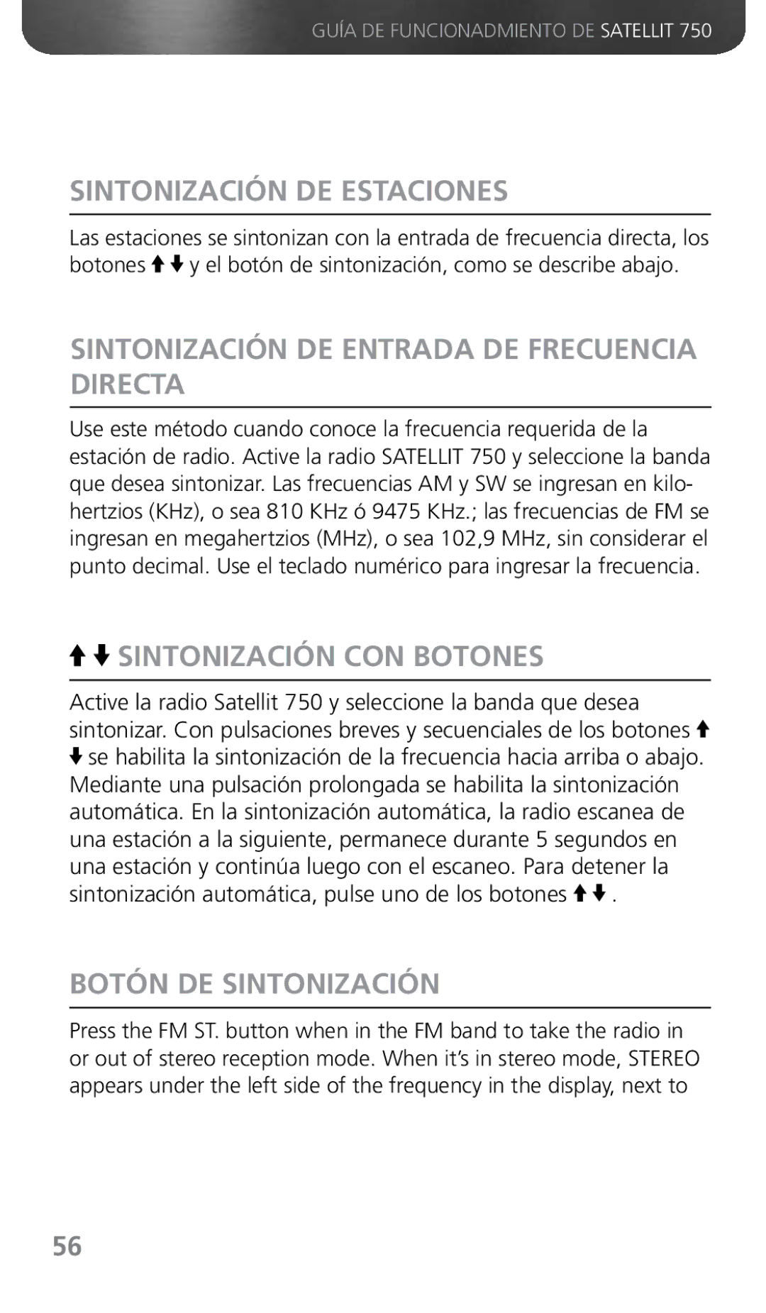 Grundig 750 Sintonización DE Estaciones, Sintonización DE Entrada DE Frecuencia Directa, Sintonización CON Botones 