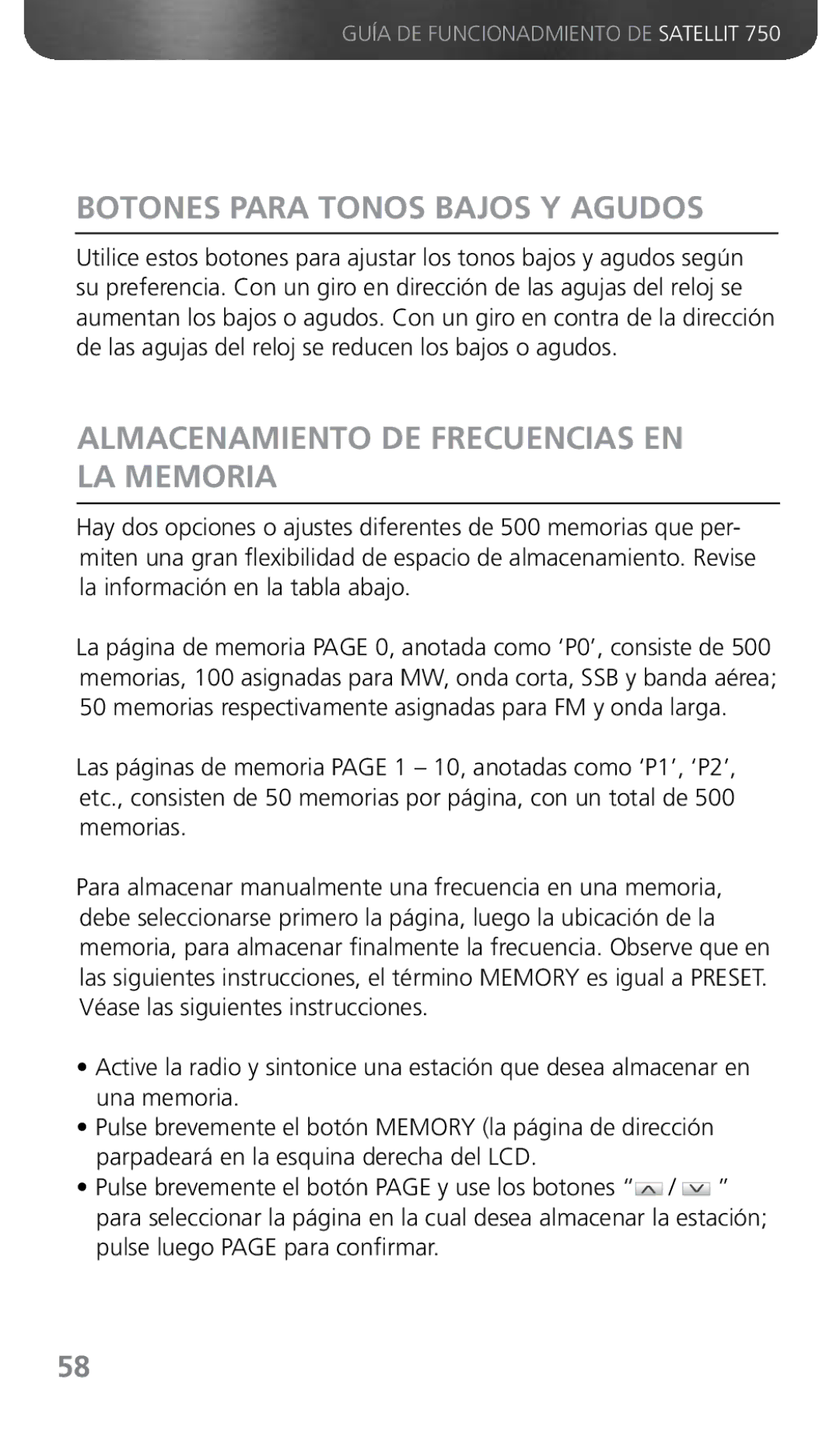 Grundig 750 owner manual Botones Para Tonos Bajos Y Agudos, Almacenamiento DE Frecuencias EN LA Memoria 