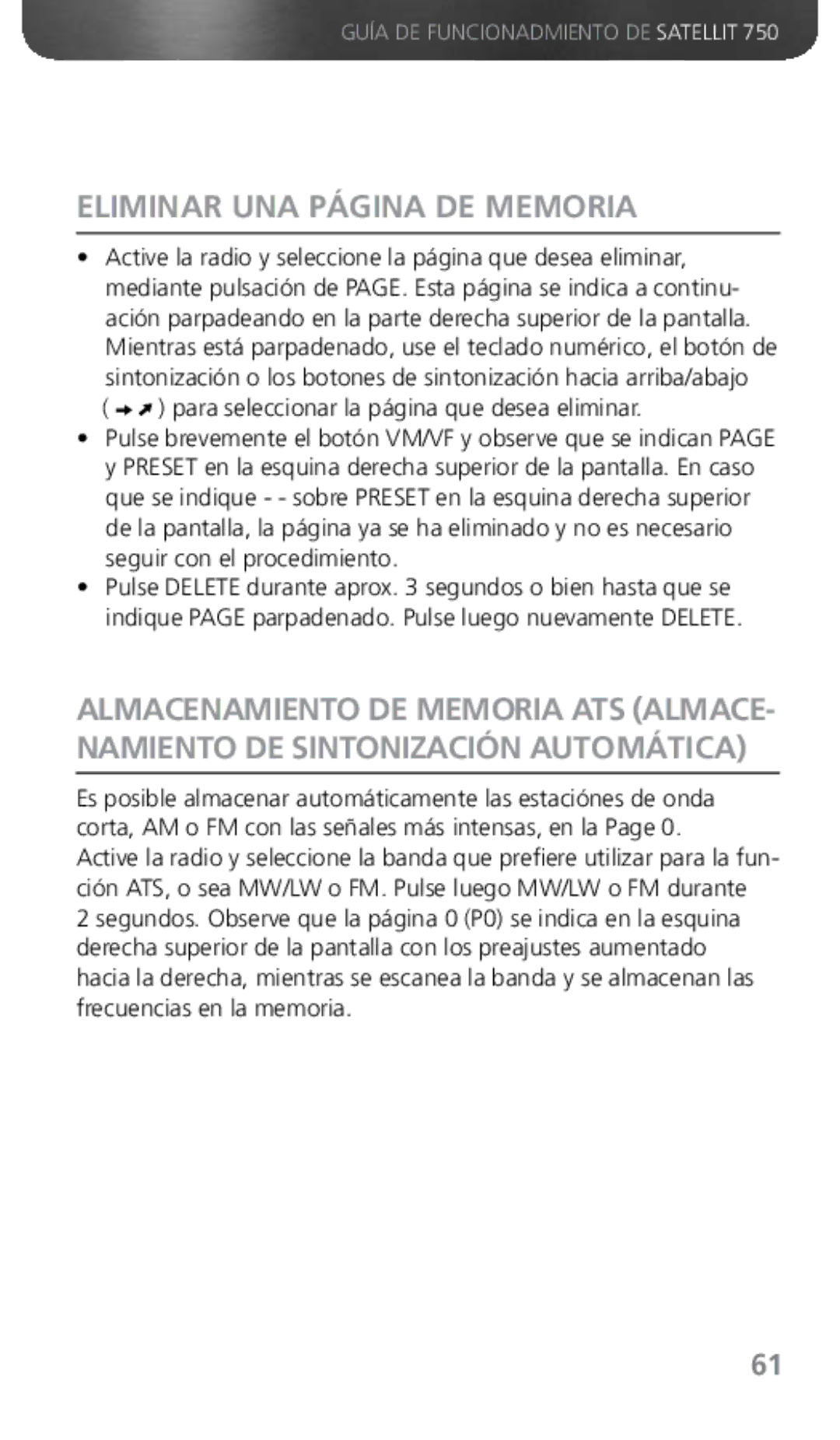 Grundig 750 owner manual Eliminar UNA Página DE Memoria, Para seleccionar la página que desea eliminar 