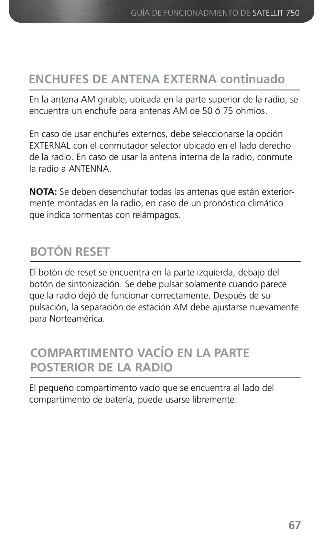 Grundig 750 Enchufes DE Antena Externa continuado, Botón Reset, Compartimento Vacío EN LA Parte Posterior DE LA Radio 