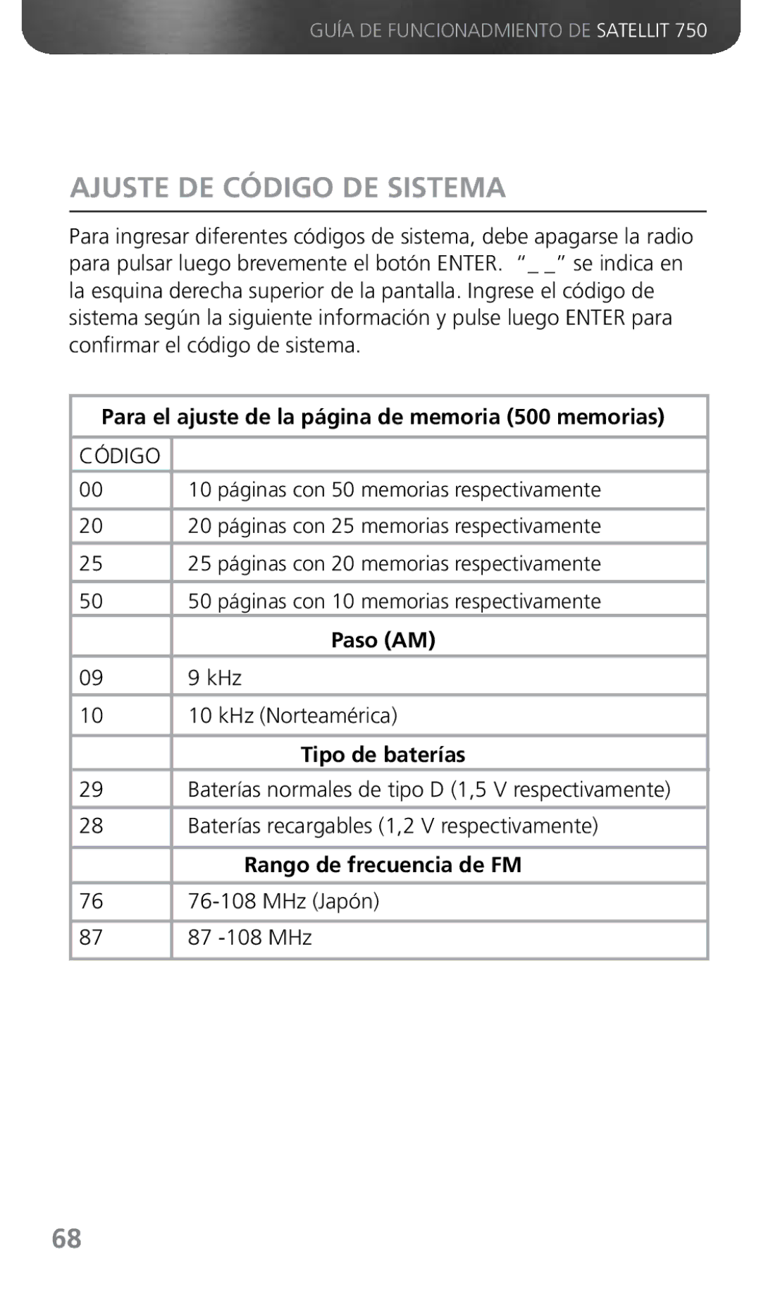 Grundig 750 owner manual Ajuste DE Código DE Sistema, Para el ajuste de la página de memoria 500 memorias 