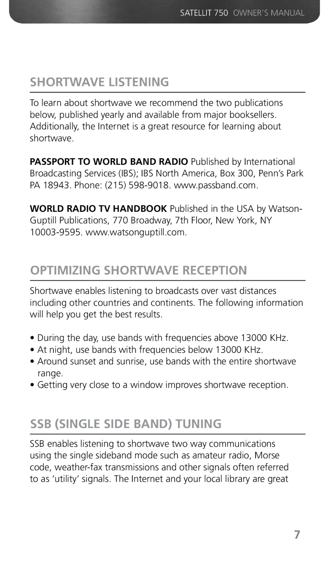 Grundig 750 owner manual Shortwave Listening, Optimizing Shortwave Reception, SSB Single Side Band Tuning 