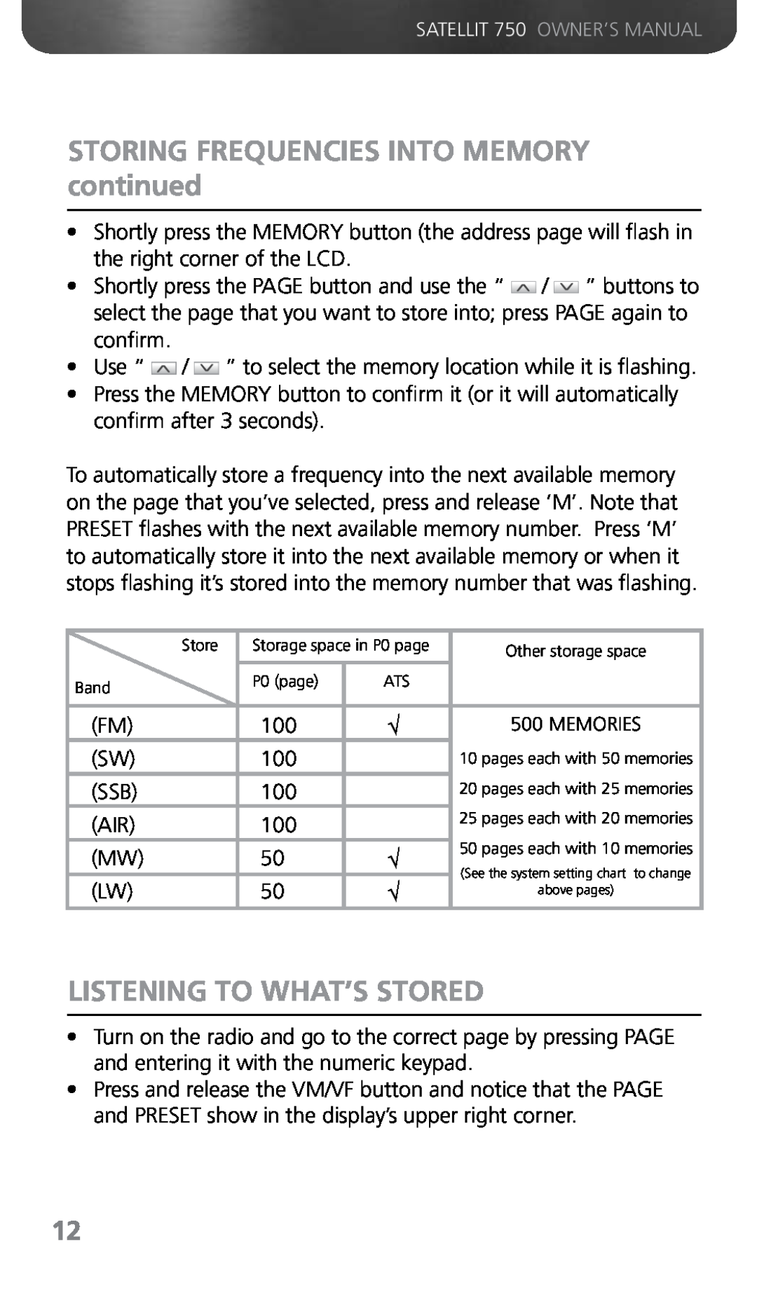 Grundig 750 owner manual STORING FREQUENCIES INTO MEMORY continued, Listening To What’S Stored 