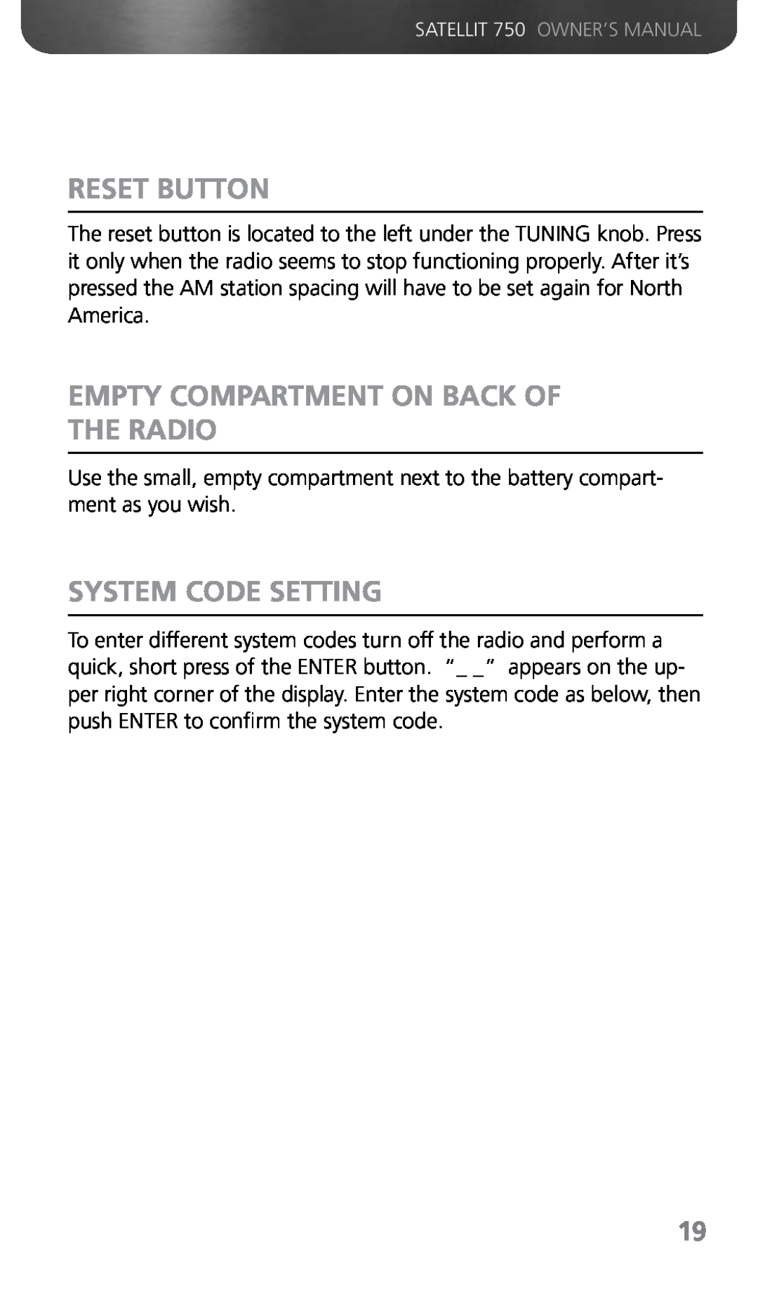 Grundig 750 owner manual Reset Button, Empty Compartment On Back Of The Radio, System Code Setting 