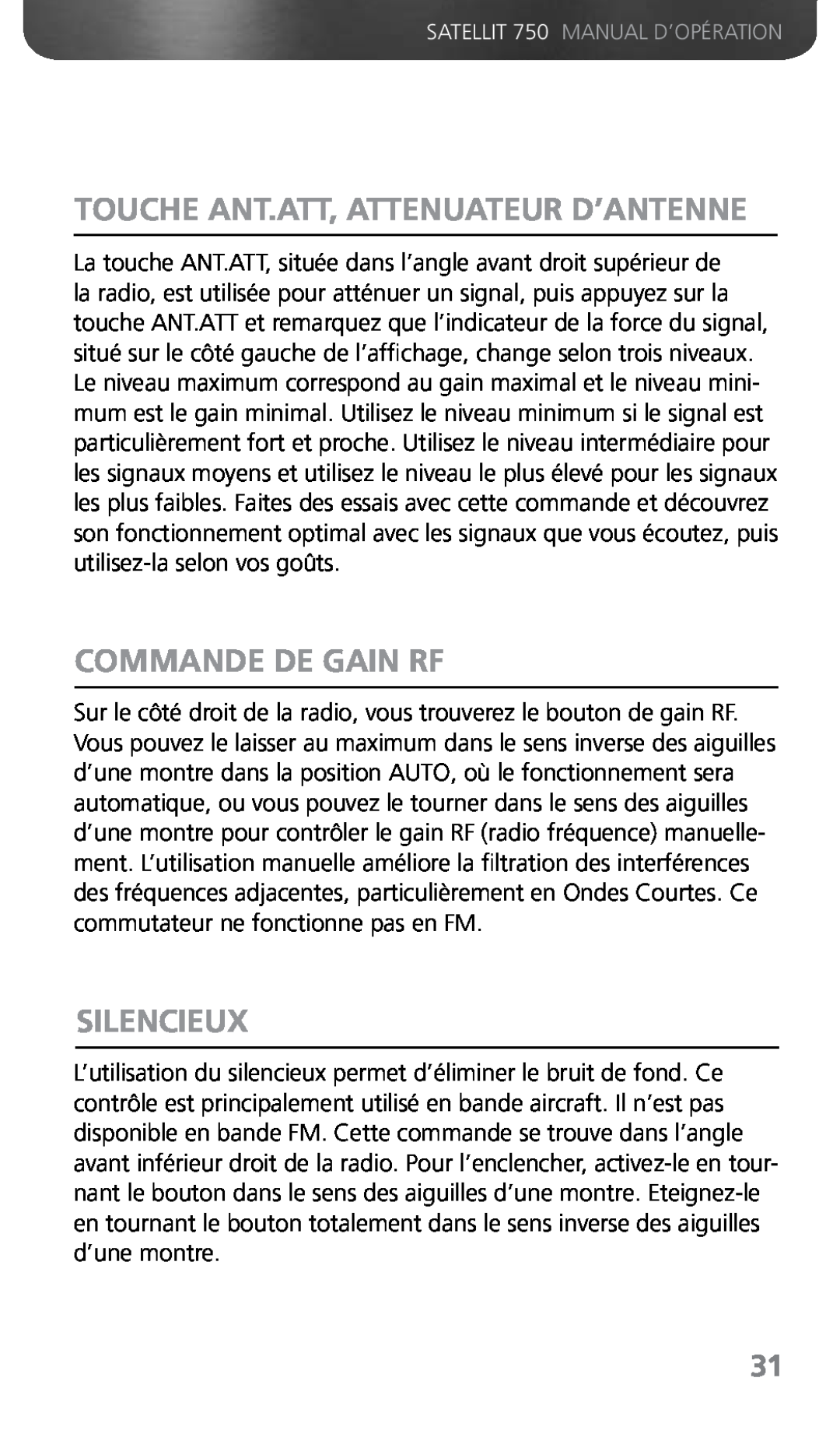 Grundig 750 owner manual Touche Ant.Att, Attenuateur D’Antenne, Commande De Gain Rf, Silencieux 