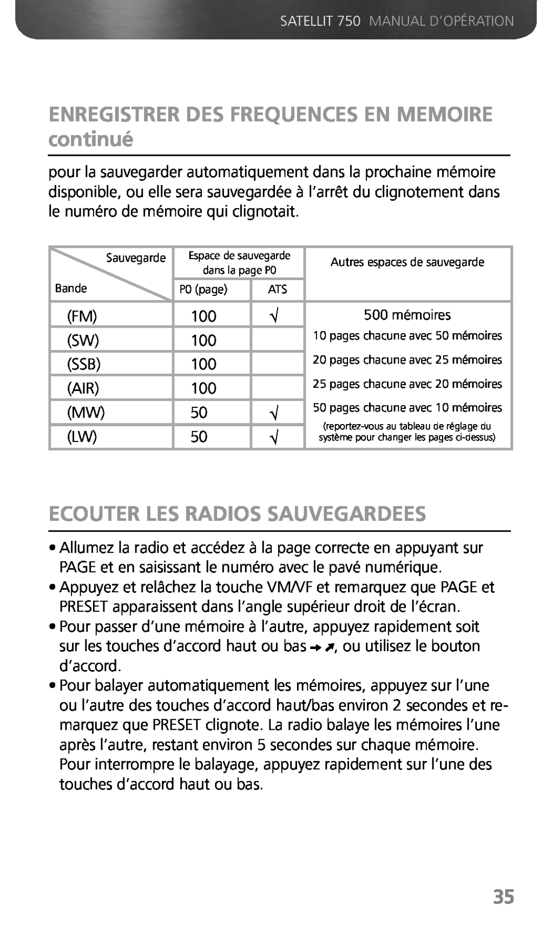 Grundig 750 owner manual ENREGISTRER DES FREQUENCES EN MEMOIRE continué, Ecouter Les Radios Sauvegardees 