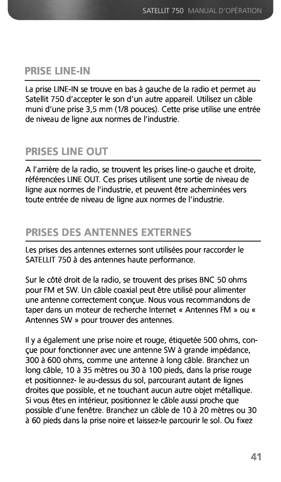 Grundig 750 owner manual Prise Line-In, Prises Line Out, Prises Des Antennes Externes 