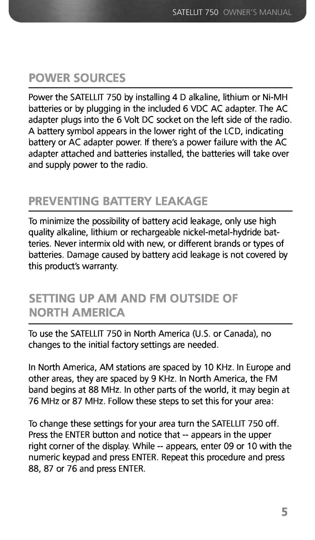 Grundig 750 owner manual Power Sources, Preventing Battery Leakage, Setting Up Am And Fm Outside Of North America 
