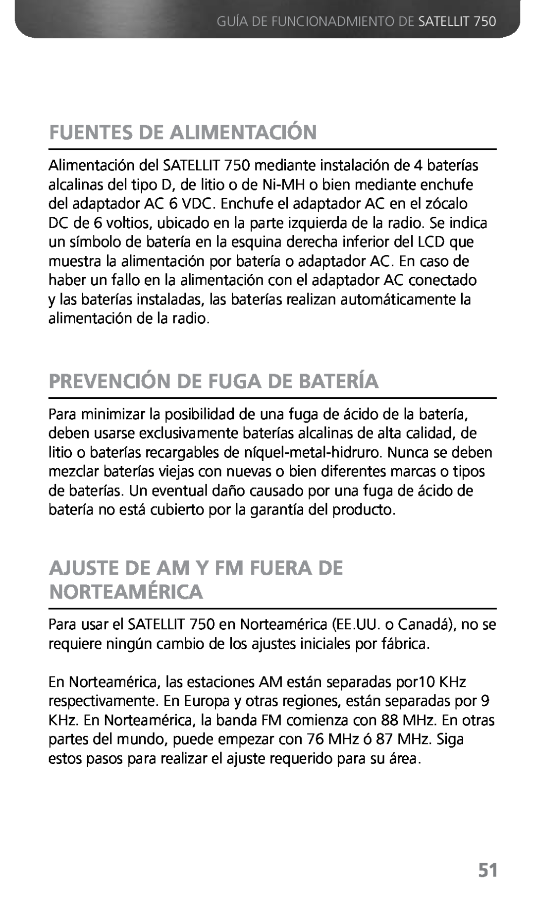 Grundig 750 owner manual Fuentes De Alimentación, Prevención De Fuga De Batería, Ajuste De Am Y Fm Fuera De Norteamérica 