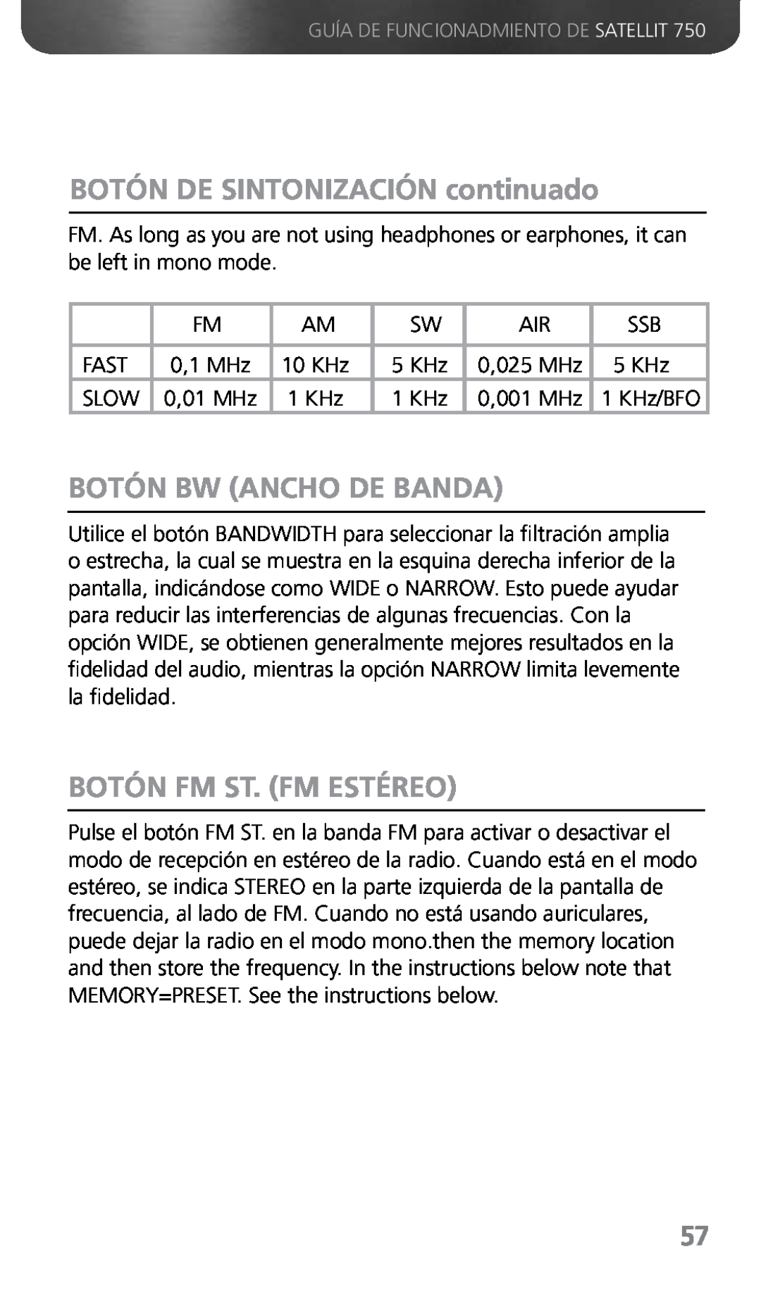 Grundig 750 owner manual BOTÓN DE SINTONIZACIÓN continuado, Botón Bw Ancho De Banda, Botón Fm St. Fm Estéreo 