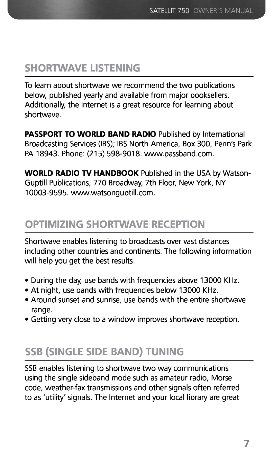 Grundig 750 owner manual Shortwave Listening, Optimizing Shortwave Reception, Ssb Single Side Band Tuning 
