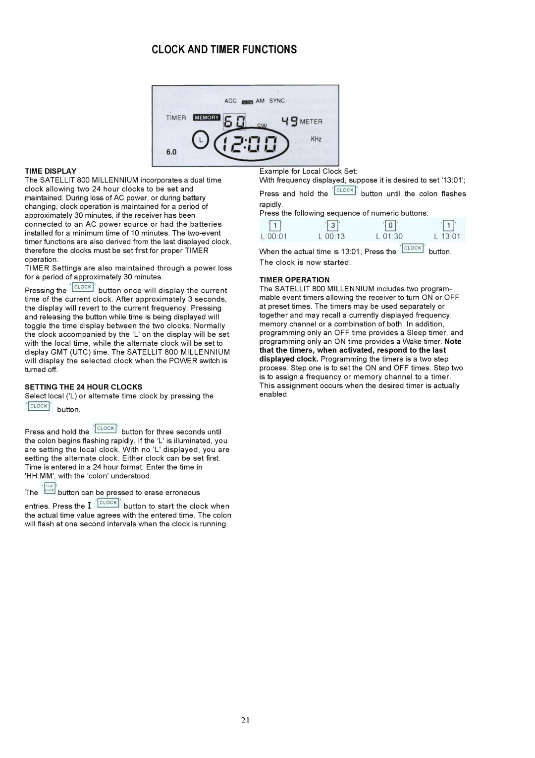 Grundig 800 MILLENNIUM manual Clock and Timer Functions, Time Display, Setting the 24 Hour Clocks, Timer Operation 