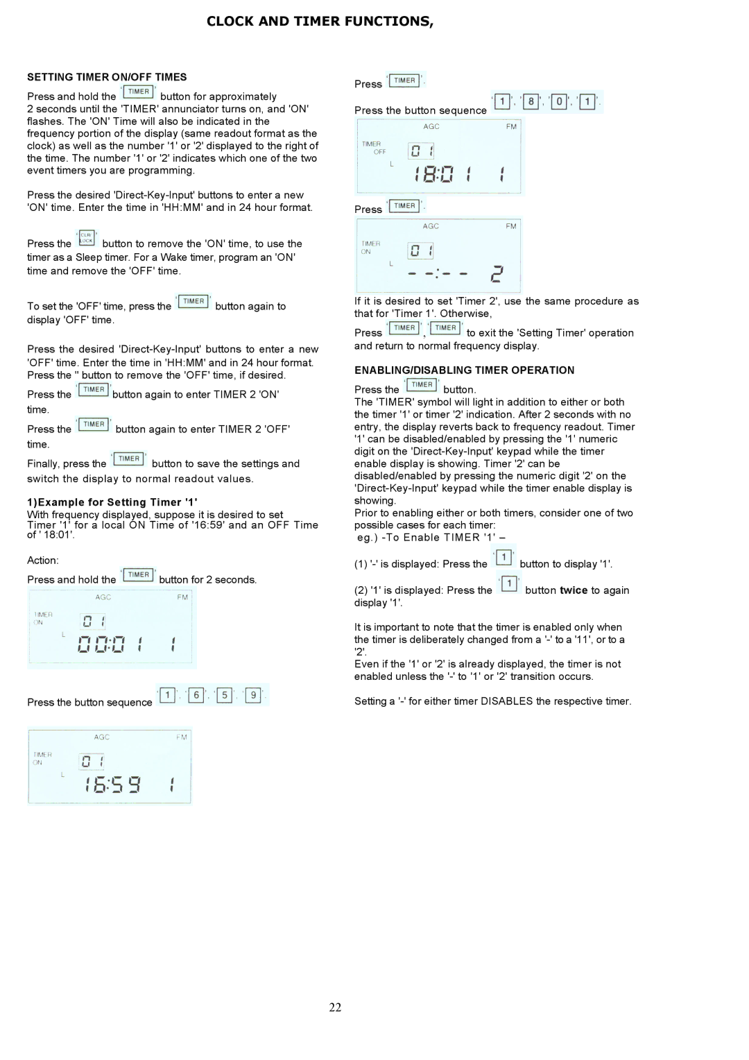 Grundig 800 MILLENNIUM manual Setting Timer ON/OFF Times, 1Example for Setting Timer, ENABLING/DISABLING Timer Operation 