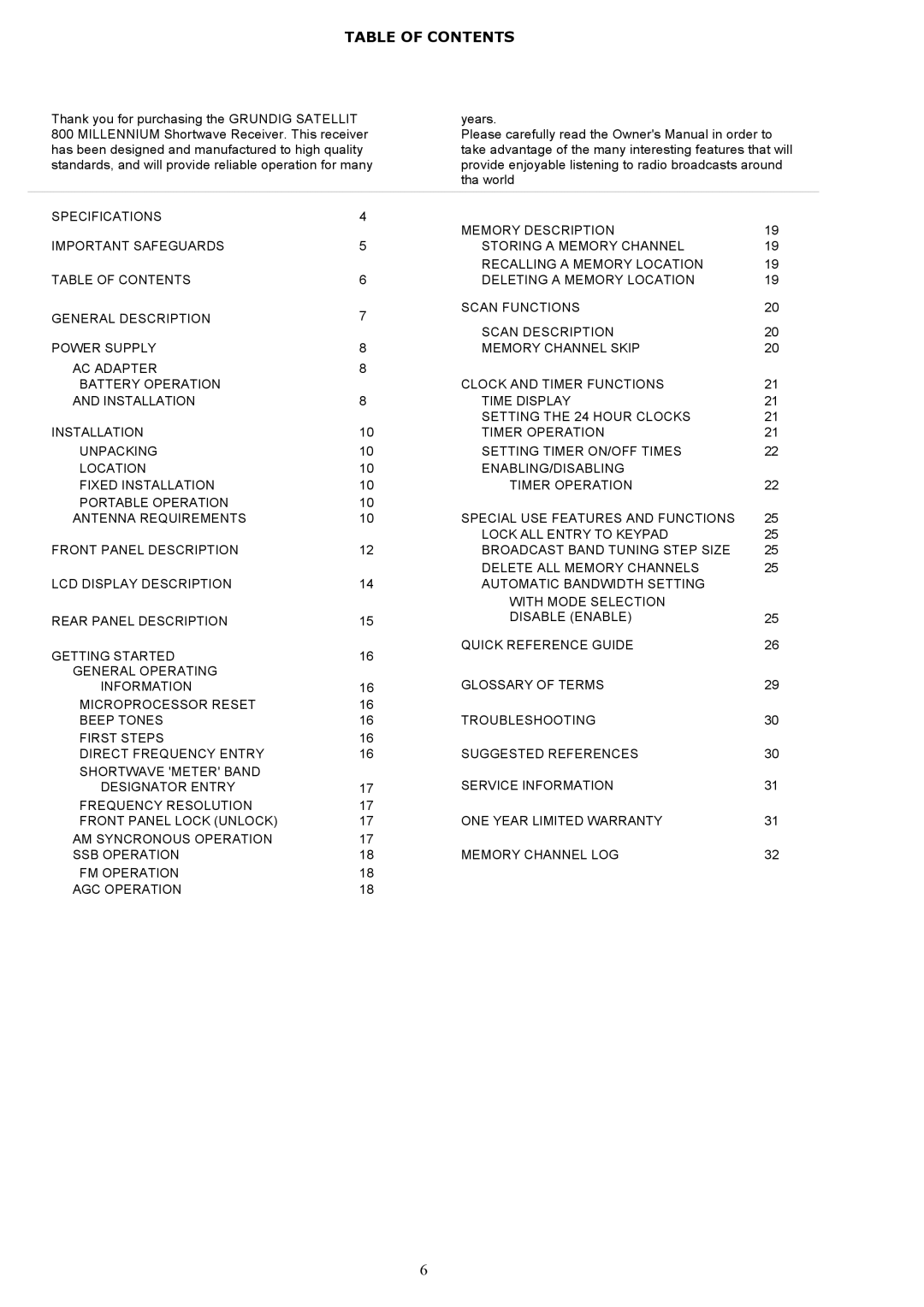 Grundig 800 MILLENNIUM manual Table of Contents 