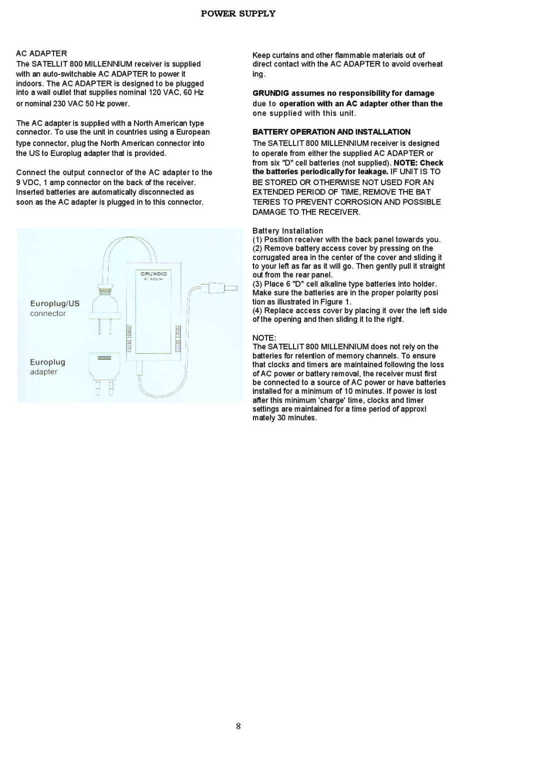 Grundig 800 MILLENNIUM manual Power Supply, Battery Operation and Installation 