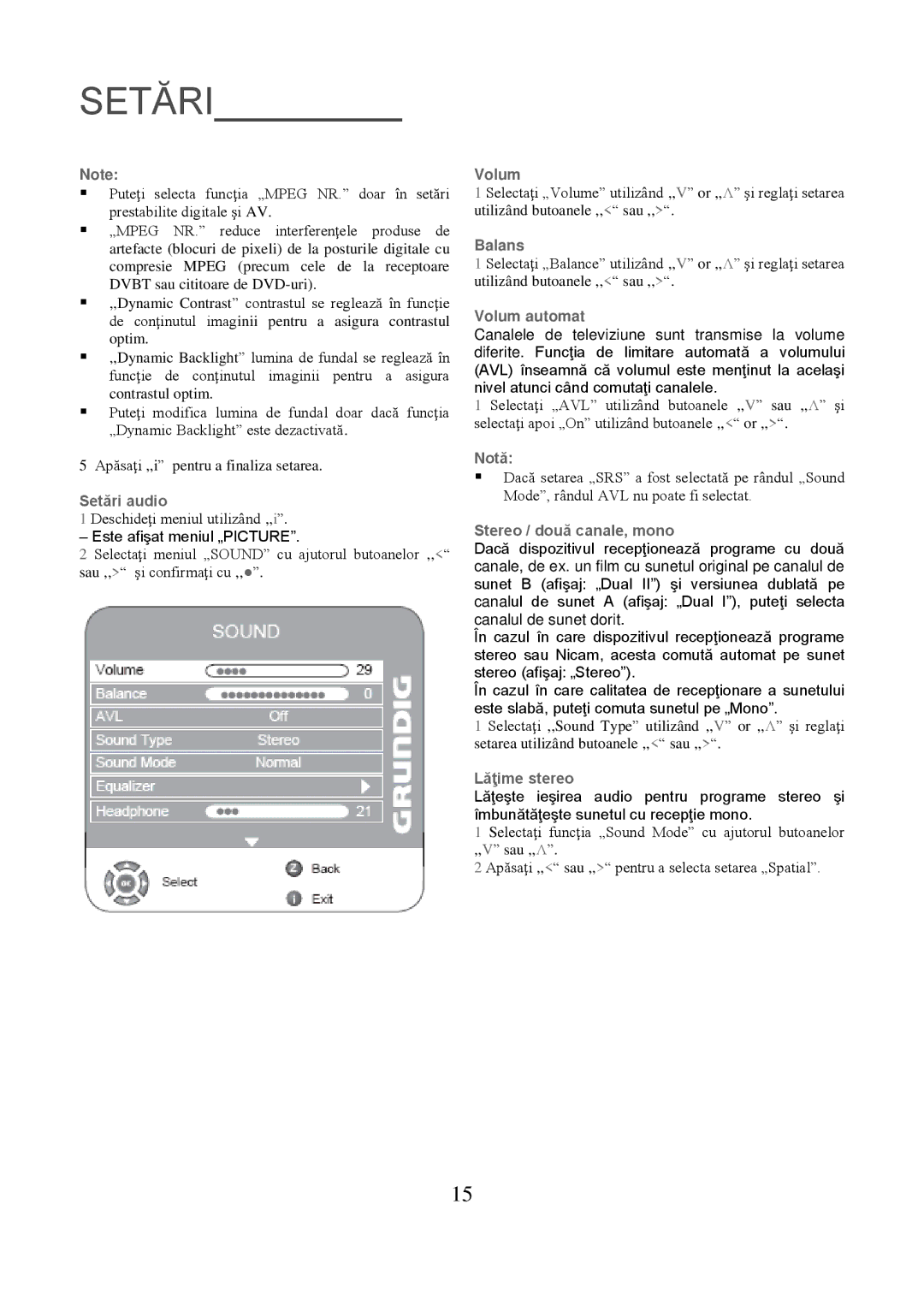 Grundig 8040C manual Setări audio, Balans, Volum automat, Stereo / două canale, mono, Lăţime stereo 