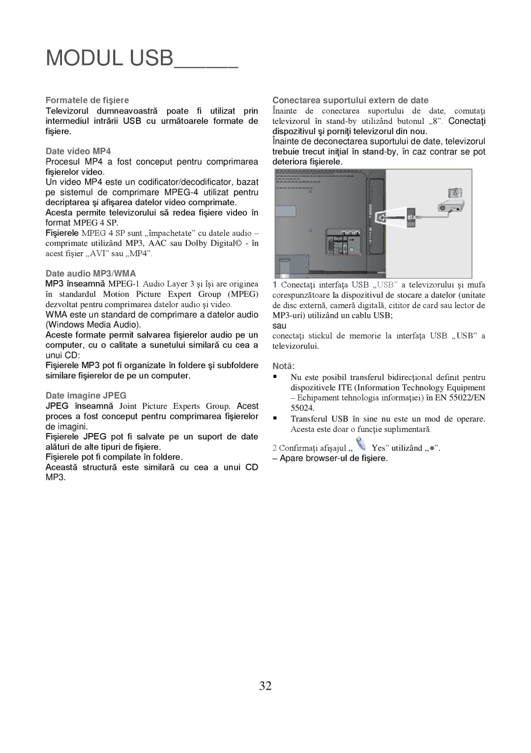 Grundig 8040C manual Modul USB, Formatele de fişiere, Date video MP4, Date audio MP3/WMA, Date imagine Jpeg 