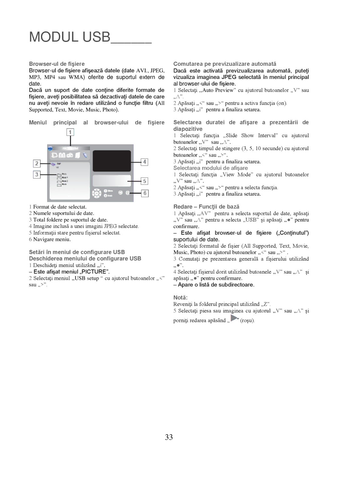 Grundig 8040C Browser-ul de fişiere, Meniul principal al browser-ului de fişiere, Comutarea pe previzualizare automată 