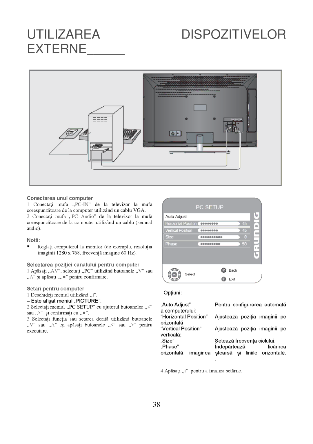 Grundig 8040C manual Conectarea unui computer, Selectarea poziţiei canalului pentru computer, Setări pentru computer 