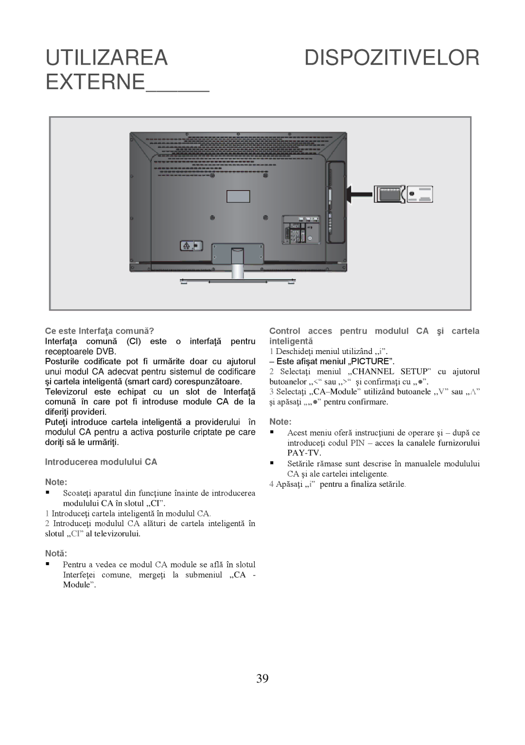 Grundig 8040C Ce este Interfaţa comună?, Introducerea modulului CA, Control acces pentru modulul CA şi cartela inteligentă 