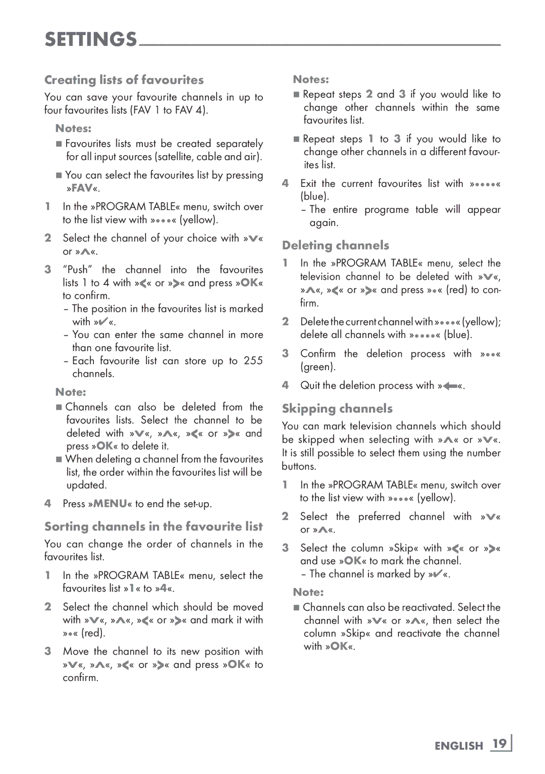 Grundig 8140 S Creating lists of favourites, Sorting channels in the favourite list, Deleting channels, Skipping channels 