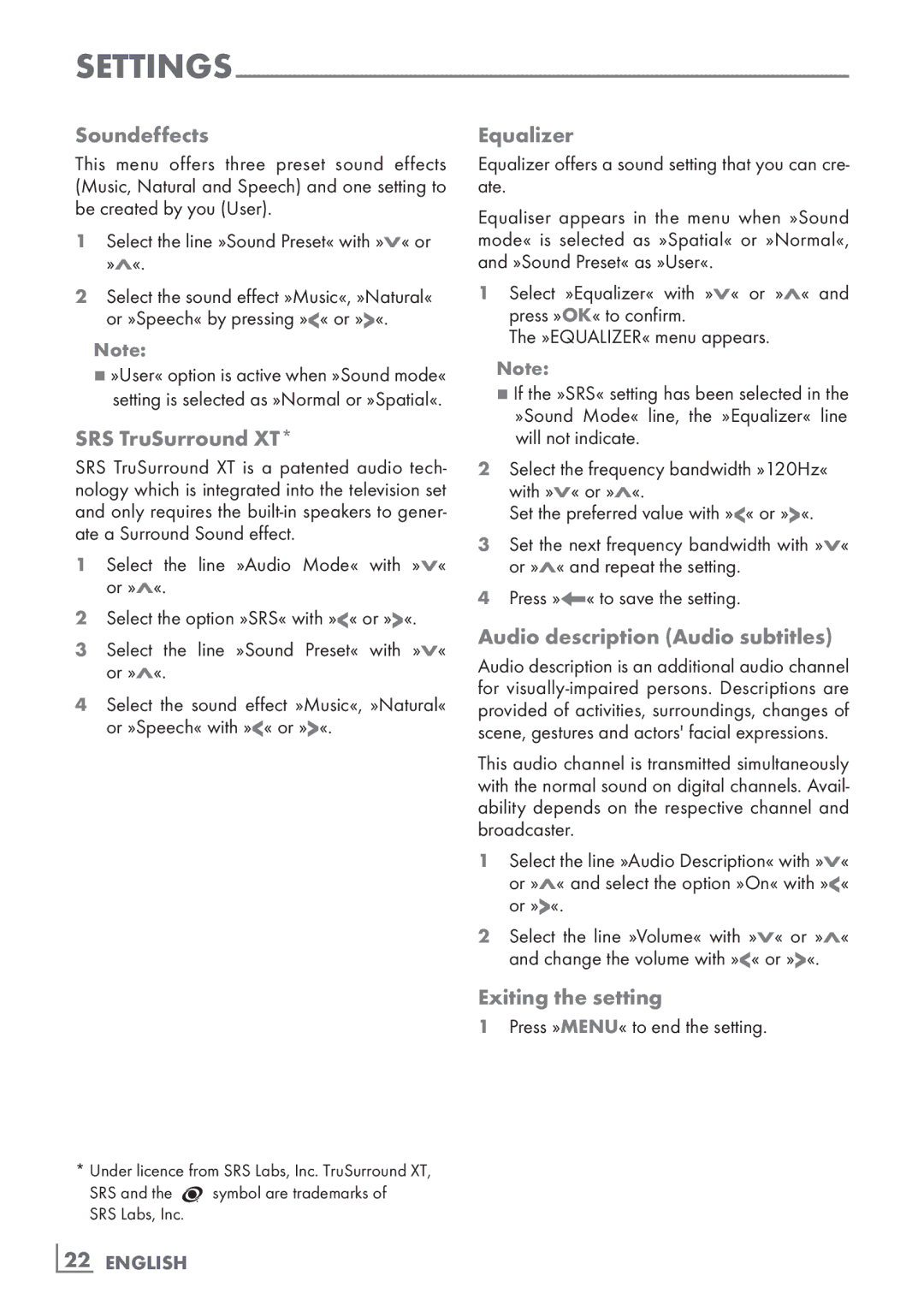 Grundig 8140 S manual Soundeffects, SRS TruSurround XT, Equalizer, Audio description Audio subtitles, Exiting the setting 