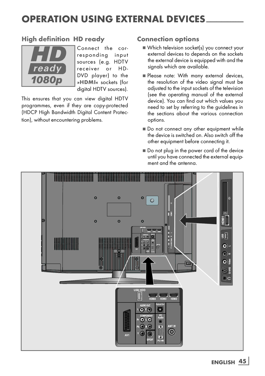 Grundig 8140 S High definition ­HD ready Connection options, This ensures that you can view digital Hdtv, English ­45 