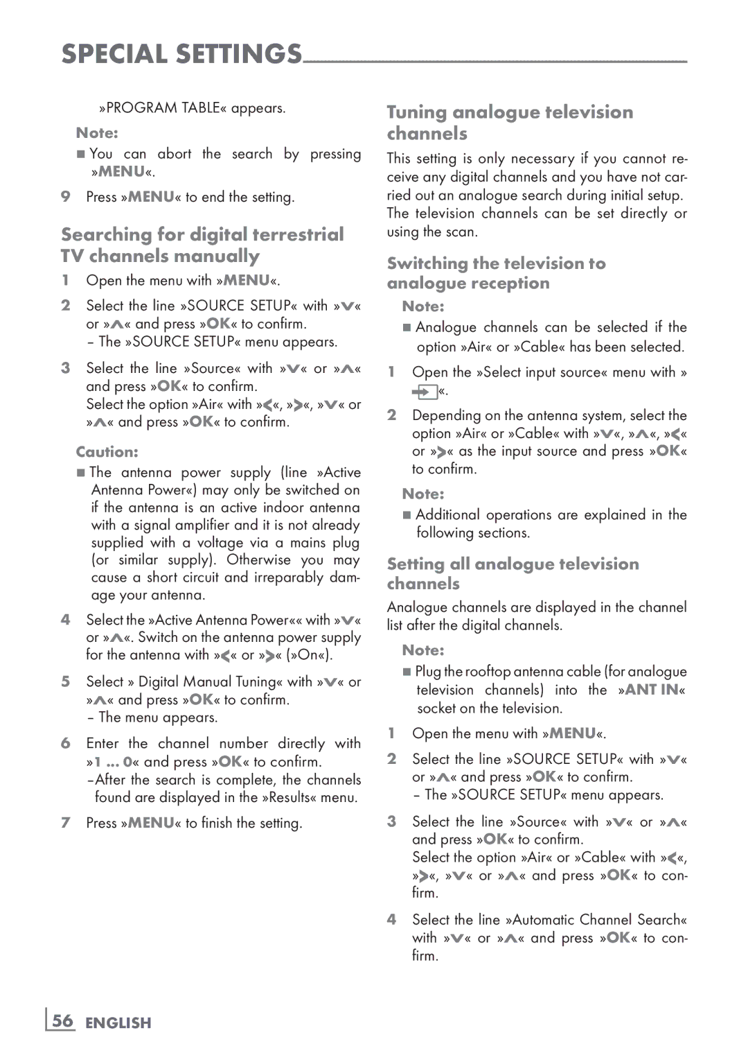 Grundig 8140 S Searching for digital terrestrial TV channels manually, Tuning analogue television channels­, ­56 English 