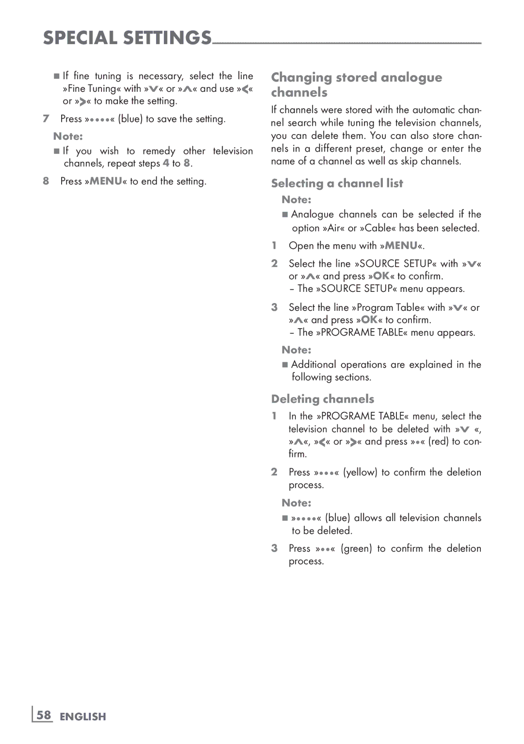 Grundig 8140 S manual Changing stored analogue channels­, Selecting a channel list, ­58 English 