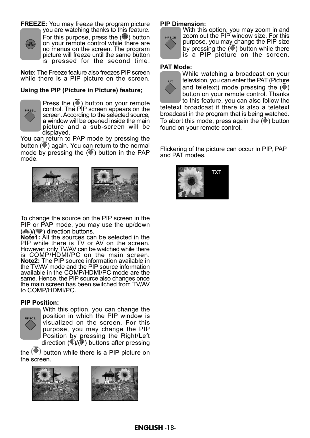 Grundig AMIRA26HDBLK manual Using the PIP Picture in Picture feature, PIP Position, PIP Dimension, PAT Mode 