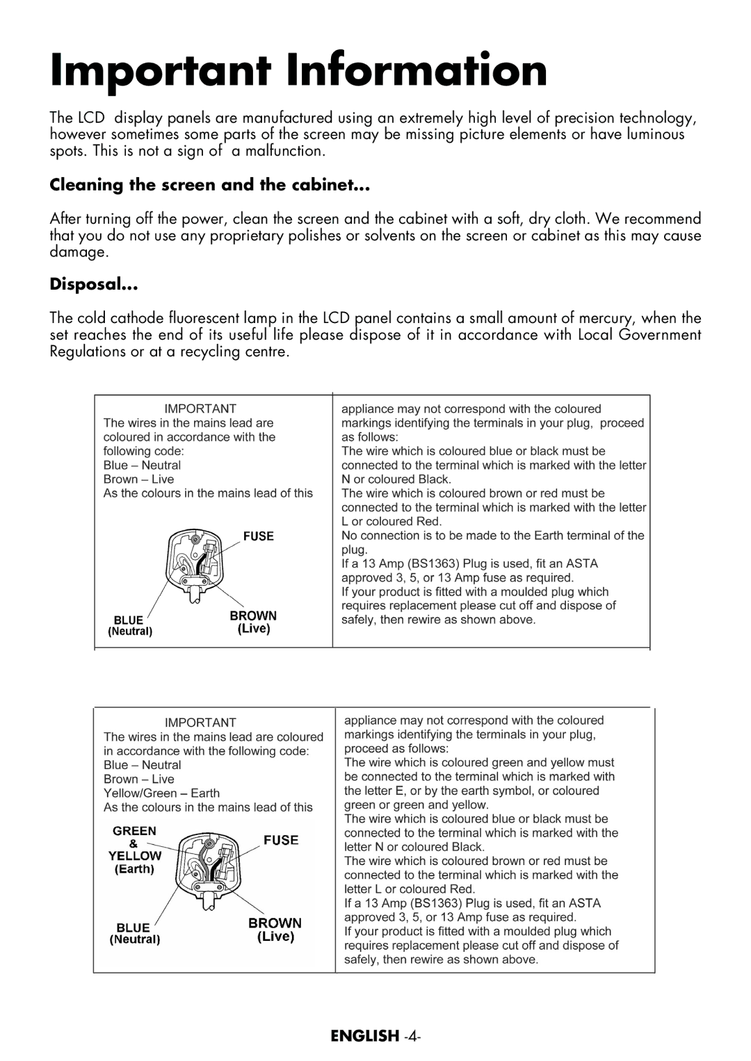 Grundig AMIRA26HDBLK manual Important Information, Cleaning the screen and the cabinet, Disposal 